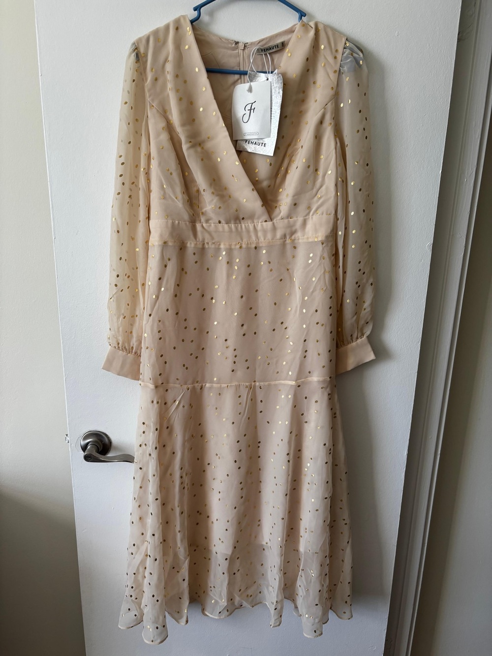 Fehaute Cream Long-Sleeve Midi Dress with Gold Dot Detail